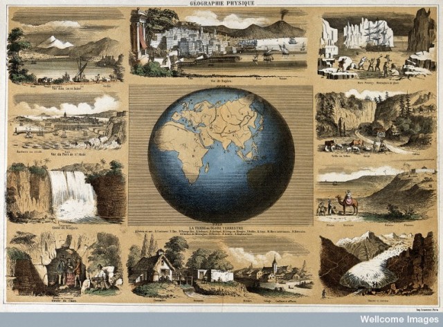 V0025076 Geography: a map of the world, with local scenes around. Col